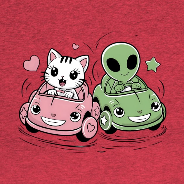 Funny cat and funny alien in crazy cars by Tee.gram